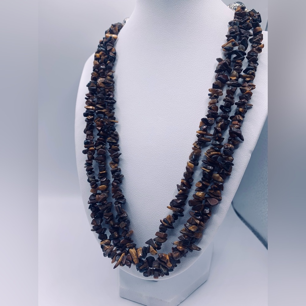 Sterling & Tigers Eye Beaded 3-Strand Necklace - New